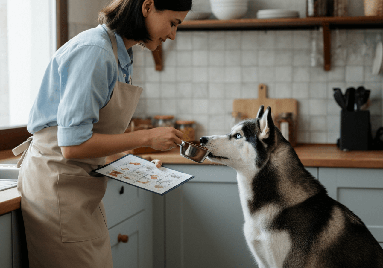 Kvinna ger sin hund mat
