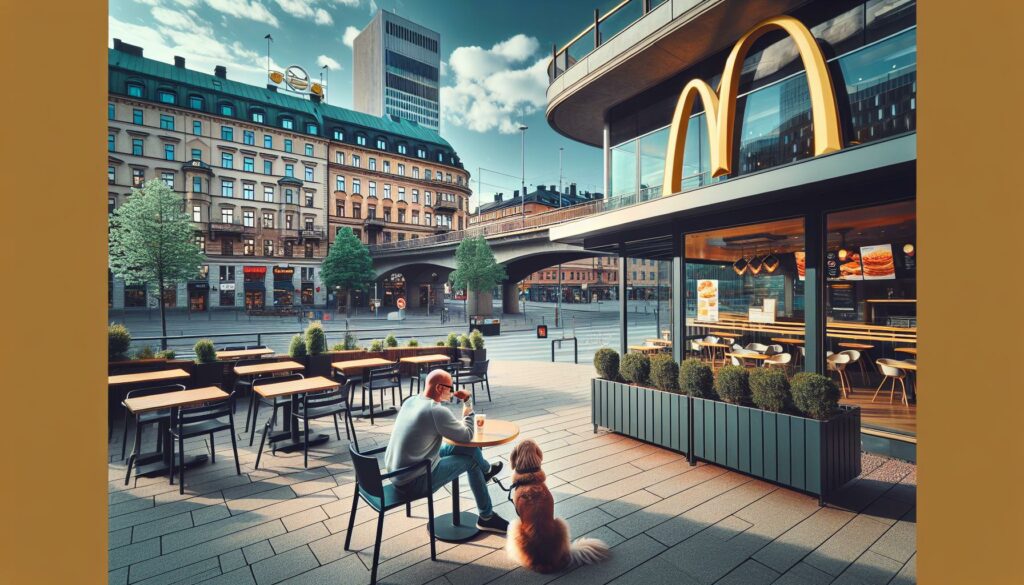 Hundägare med hund utanför McDonalds