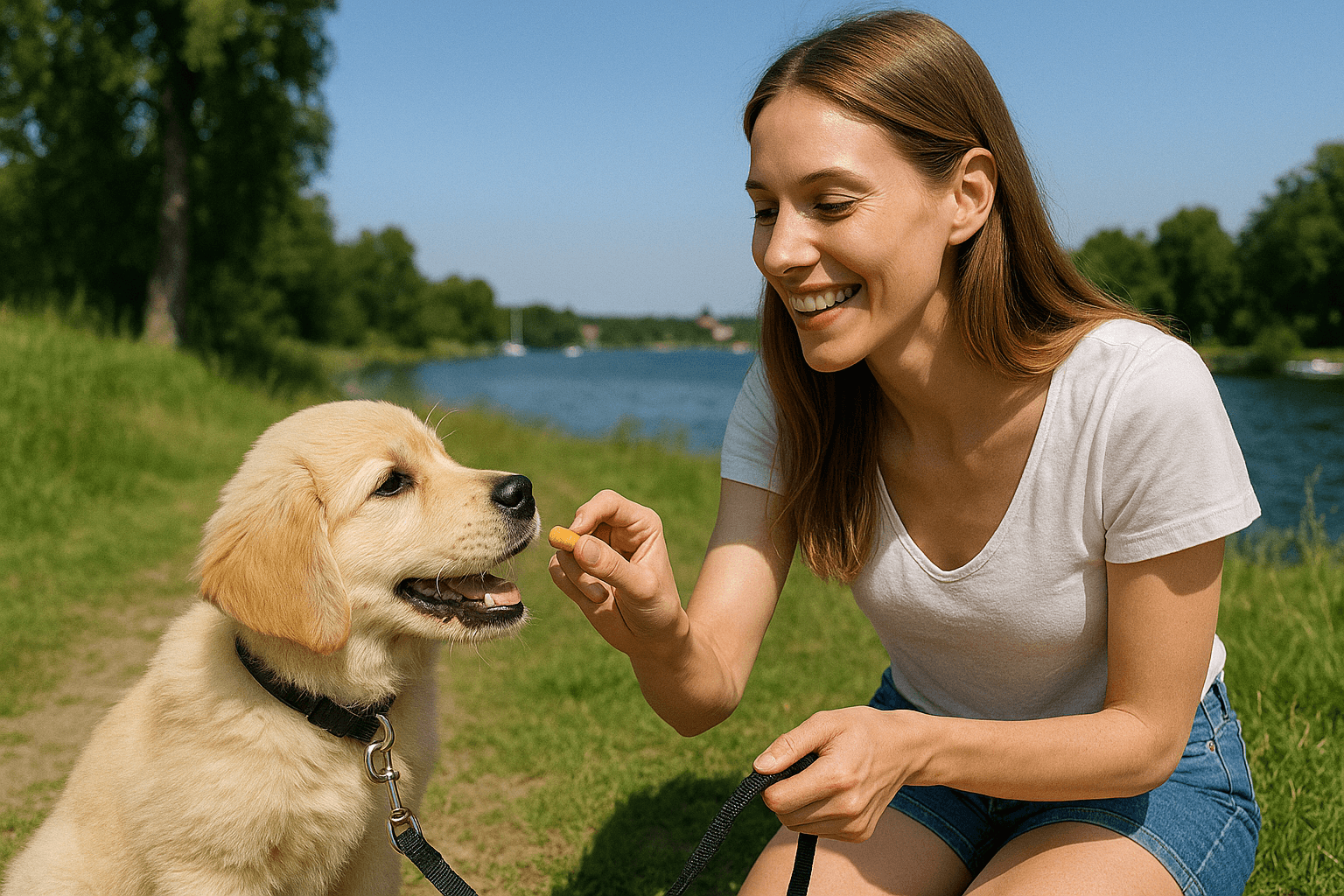 Kvinna lär hund gå i koppel