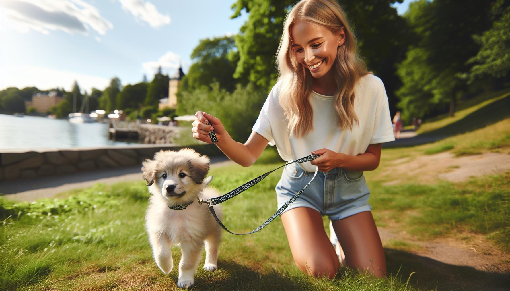 Tjej som försöker lära hund gå i koppel